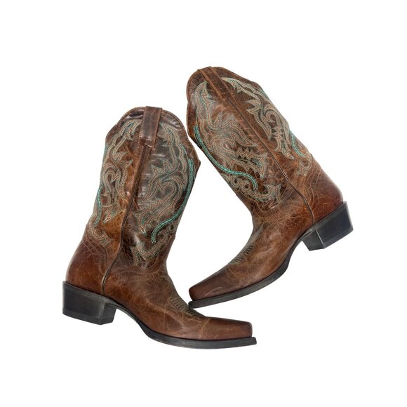 JB Dillon Vintage Brown & Teal Leather Cowboy Western Boots - Picture 7 of 9